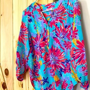 Lilly Pulitzer Small Multi Color 100% Silk Blouse with Gold Buttons